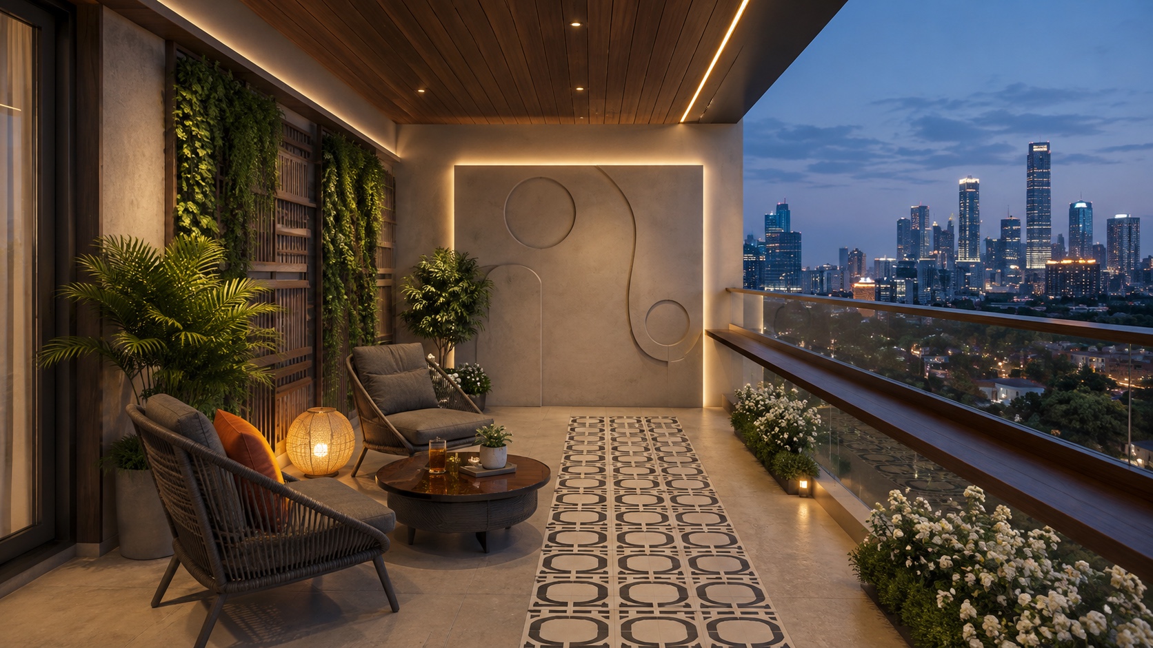 Balcony with vertical garden and city skyline at dusk