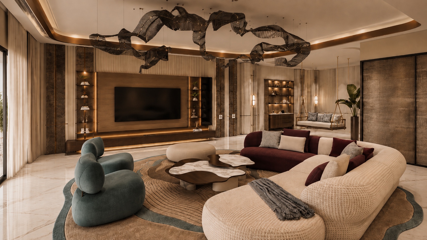 Living room with sculptural ceiling installation