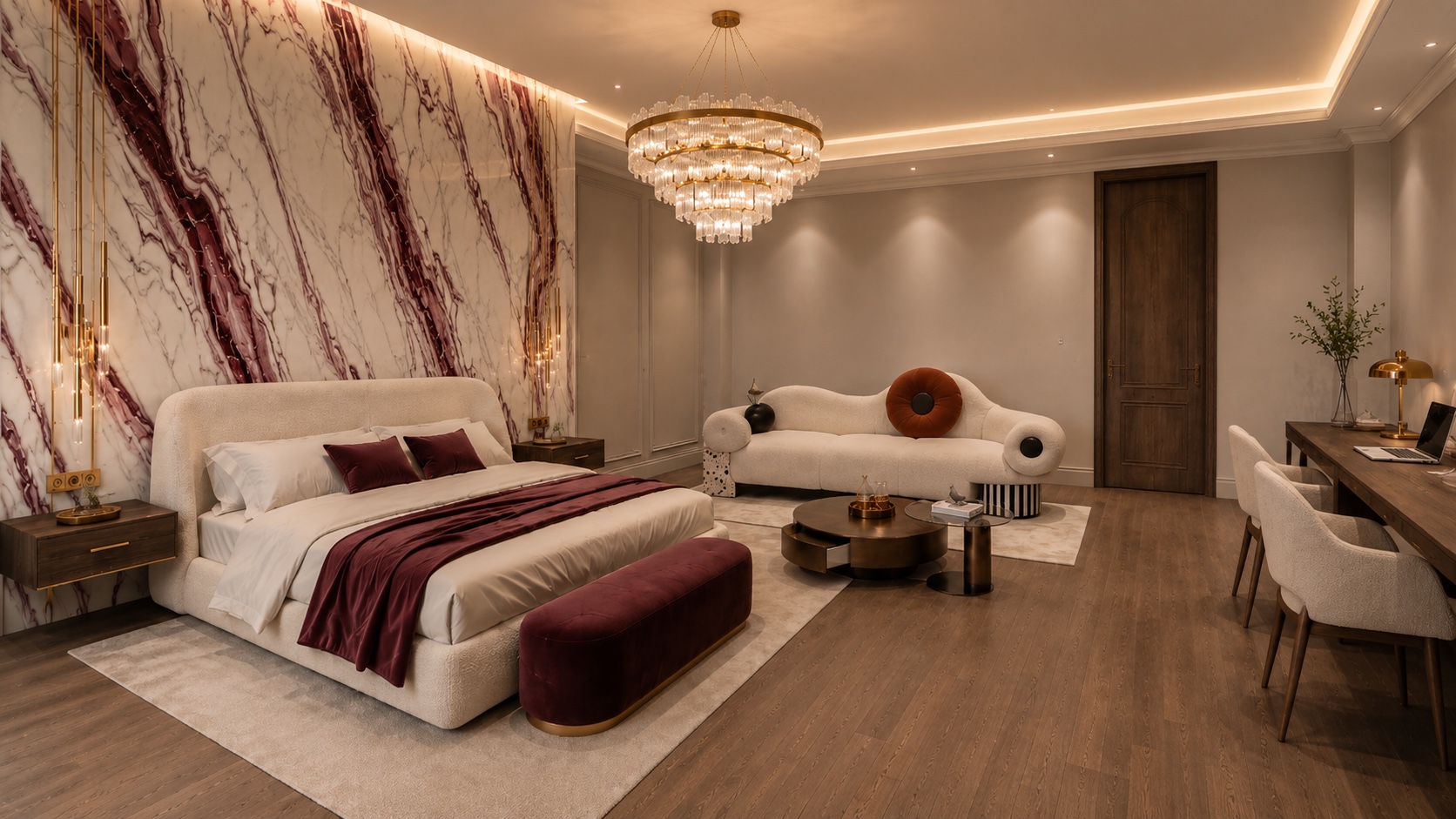 Master bedroom with marble feature wall