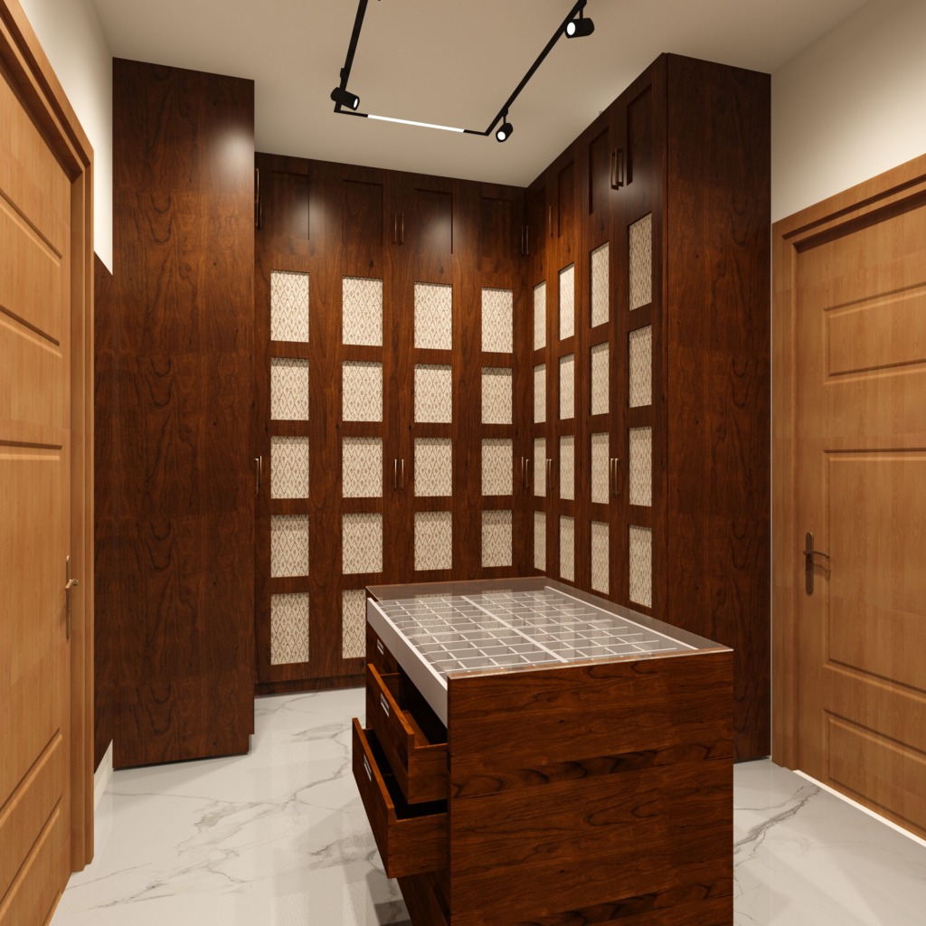 Walk-in wardrobe with island at House of Heritage, by Kaari Studio