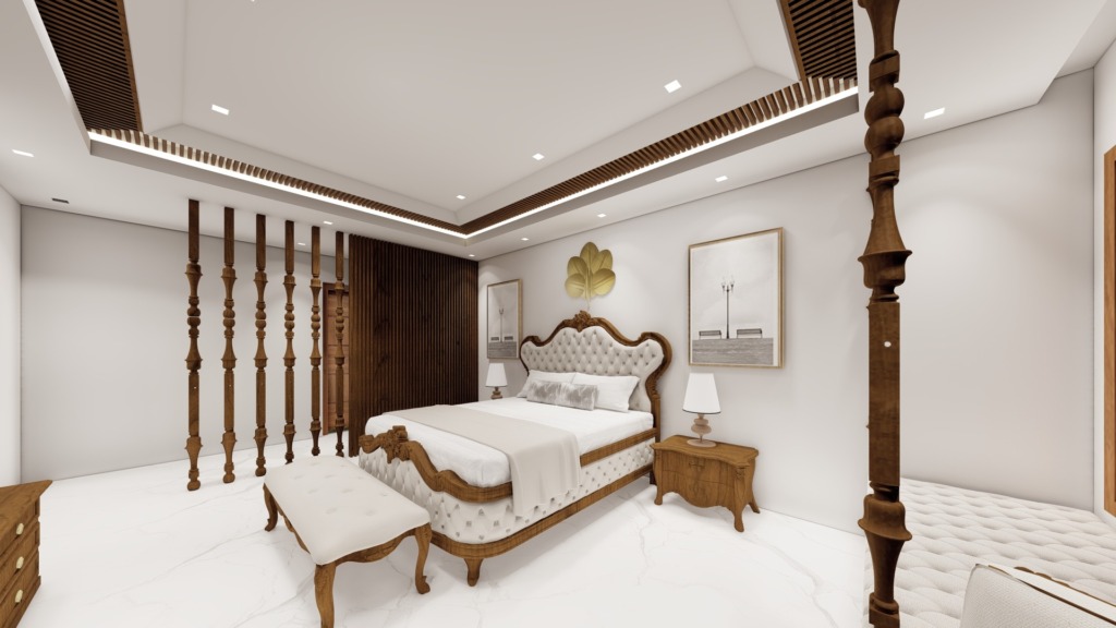 Bedroom with carved four-poster at House of Heritage, by Kaari Studio