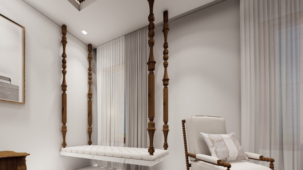 Carved columns and swing seat at House of Heritage, by Kaari Studio
