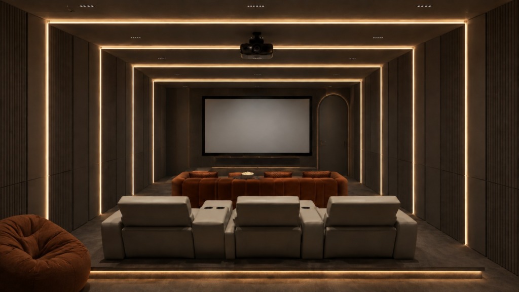 Home theatre at The Sculpted Residence, by Kaari Studio