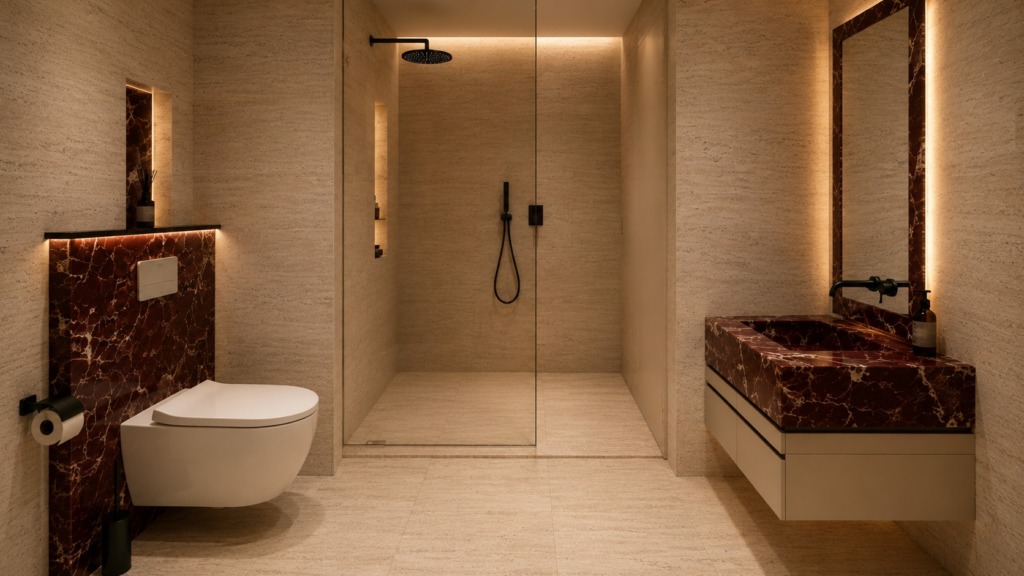 Bedroom 1 washroom at The Sculpted Residence, by Kaari Studio