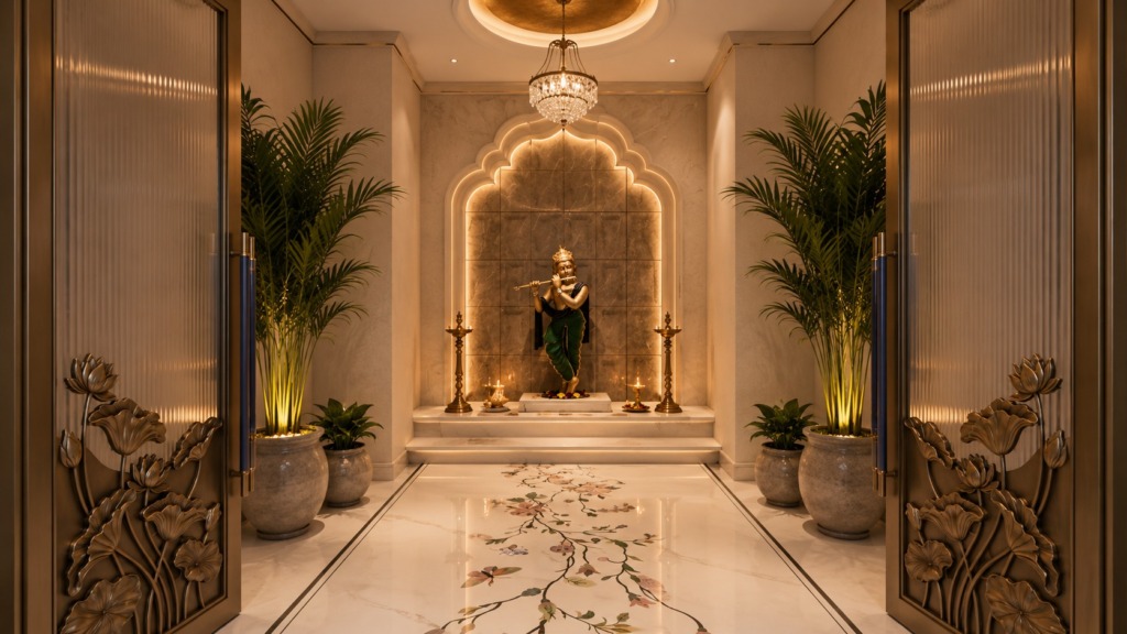 Pooja room at The Sculpted Residence, by Kaari Studio